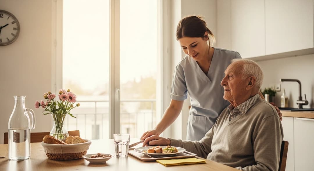 Auxiliaire de vie accompagnant une personne âgée à domicile